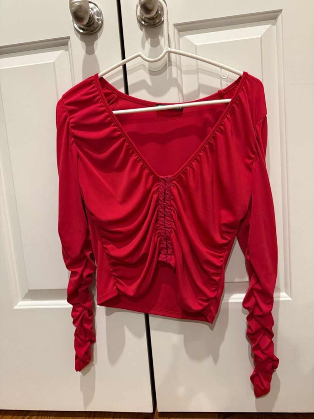Zara Red Ruched V-Neck Long Sleeve Crop Top